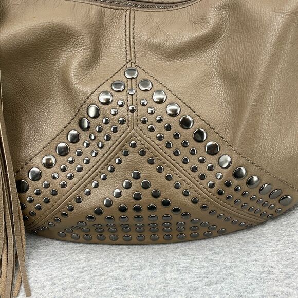 Isabella Fiore Purse Tan Leather Studded Fringe Hobo Shoulder Handbag Braided - Picture 5 of 12